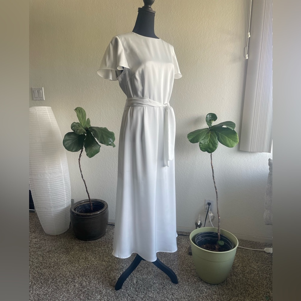 White silk chiffon midi city hall wedding reception dress flutter sleeve New!